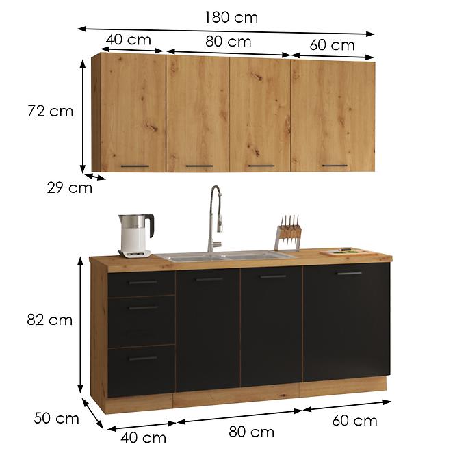 Kuhinja Modena  180 cm crna / zanatski hrast