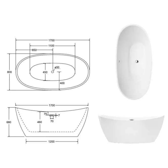 Kada Ayla 170/80 sa sif. klik-klak i pravokutnim izljevom Slim,4