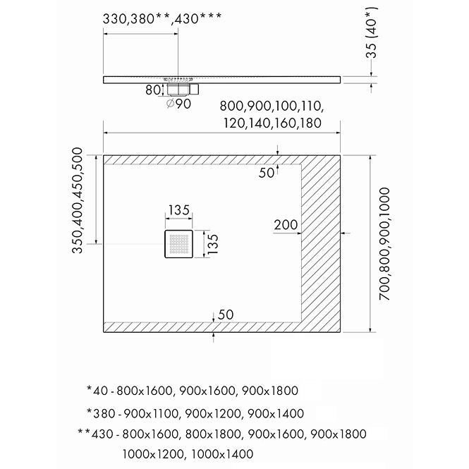 TUŠ KADE S BIJELIM KAMENOM 90X140X3,5 3.3119/B/ST-M