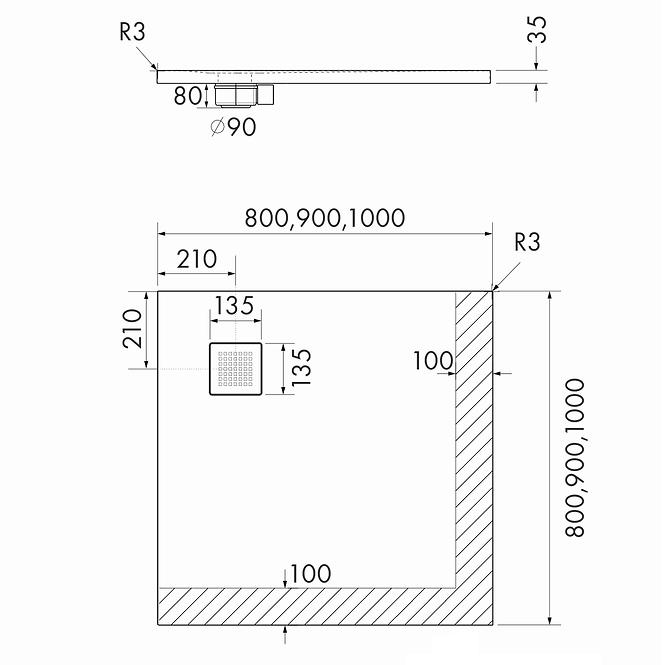 TUŠ KADE SA CRNIM KAMENOM 80X80X3,5 3.3100/C/ST-M2