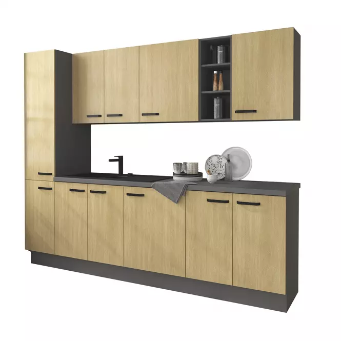 Scandi kuhinja bez radne ploče 260x57x215 cm natur/tamno siva,3