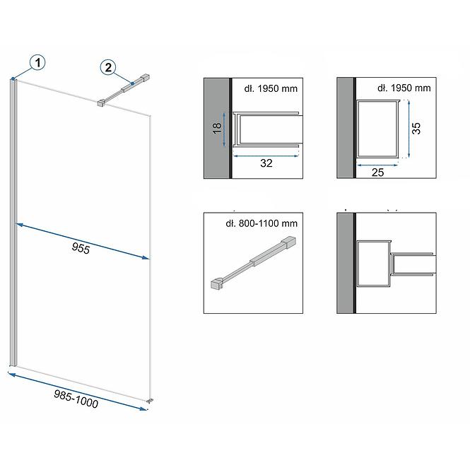 Tuš stijena Walk-in Aero Rea K6596 100x195 black