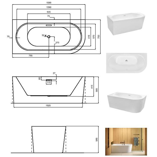 Samostojeća zidna kada Avita A-Line 160L + sifon klik-klak krom