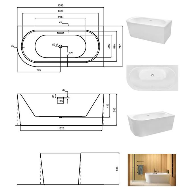 Samostojeća zidna kada Avita A-Line 160P + sifon klik-klak krom