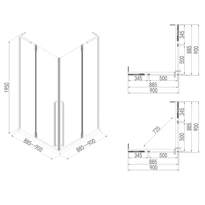 Tuš kabina kvadratna Tango 90x90x195 krom,2