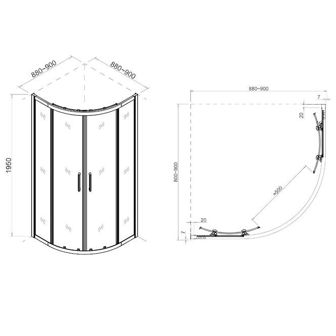 Tuš Kut Virtuš 90x90x195 Staklo Cire-Kromirani