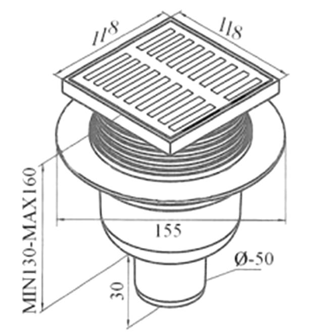 Odvodna rešetka FI 50 PIO. 10X10 siva, inox rešetka KRA023