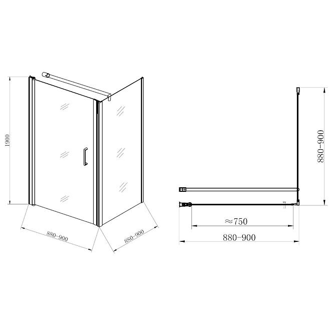 Tuš kut Atena 90x90x190 Crni Profil 2 Kutije